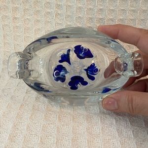 Joe Rice Clear Glass Ashtray With Blue & White Flowers